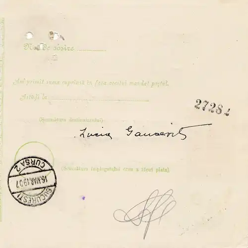 Roumanie: 15.03.1907: Mandat du Postal Alexandria à Bucarest