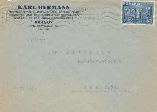 Roumanie: 1938: Lettre de Brasov à Aue