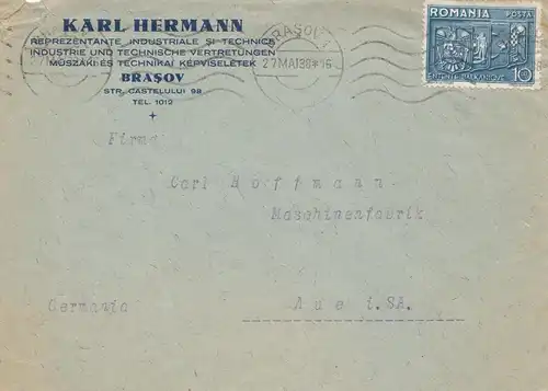 Rumänien: 1938: Brief Brasov nach Aue