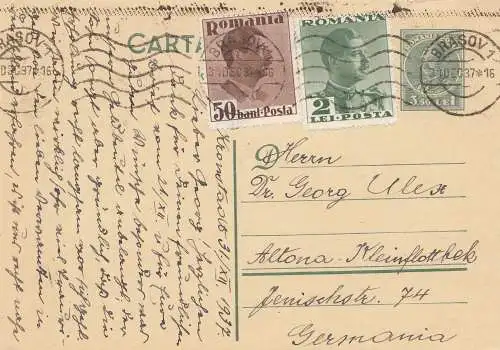 Rumänien: 1937: Ganzsache Brasov nach Altona