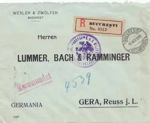 Roumanie: 1915: Lettre recommandé Bucureti vers Gera