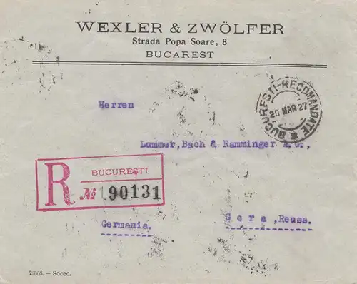 Roumanie: 1927: Lettre recommandé Bucuresti vers Gera