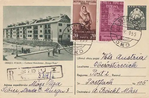 Roumanie: 1955: Entier recommandé Sibiu en Autriche