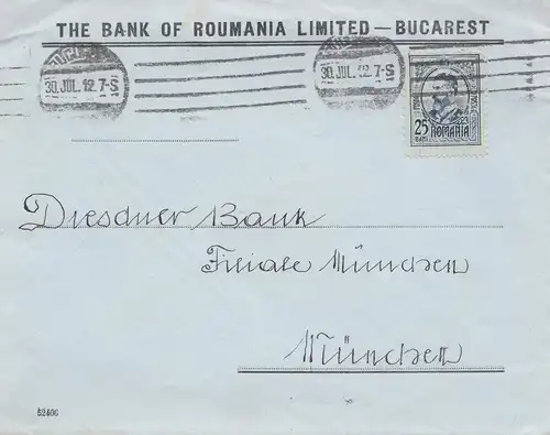 Roumanie: 1912: Bucarest à Munich, Dresdner Bank, Perfin