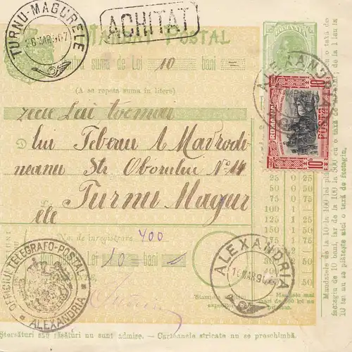 Roumanie: 1907: Mandat du Postal Alexandria après Turnu Magur