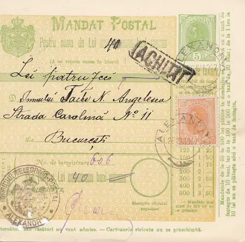 Roumanie: 26.03.1907: Mandat du Postal Alexandria à Bucarest