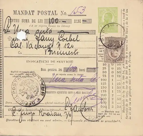 Rumänien: 1908: Mandat Postal Braila nach Bucaresti