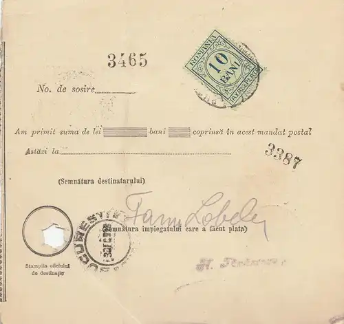 Rumänien: 1908: Mandat Postal Braila nach Bucaresti