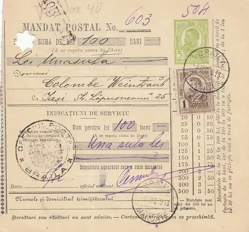 Roumanie: 1913: Mandat Postal Braila