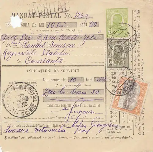 Rumänien: 1913: Mandat Postal  Bucuresti nach Constanta