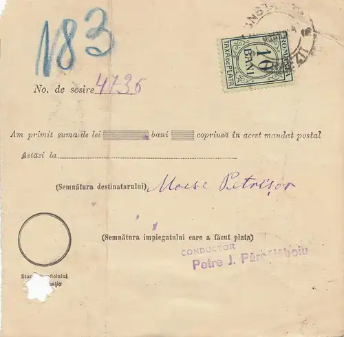 Rumänien: 1913: Mandat Postal  Bucuresti nach Constanta