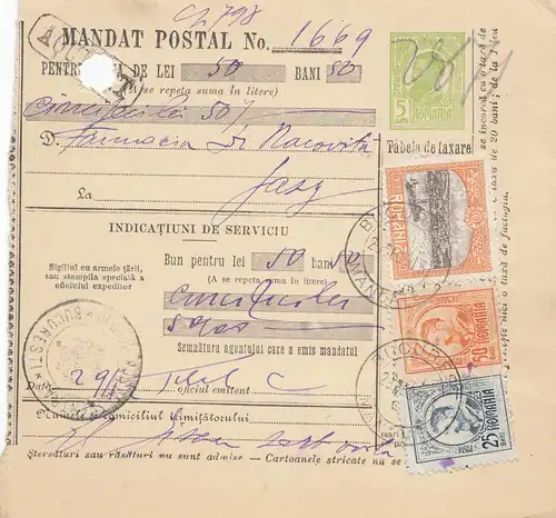 Roumanie: 1913: Mandat Postal Bucuresti après Jassy