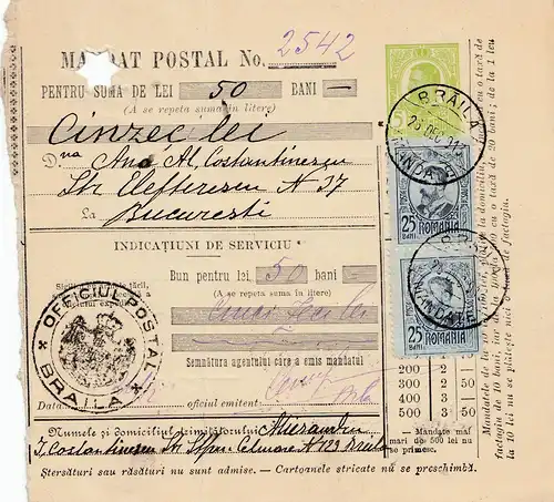 Rumänien: Mandat Postal Braila 1913 nach Bucuresti