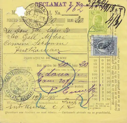 Roumanie: 1913: Mandat du Postal Galati RECLARAT