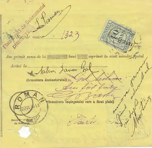 Roumanie: 1913: Mandat du Postal Galati RECLARAT