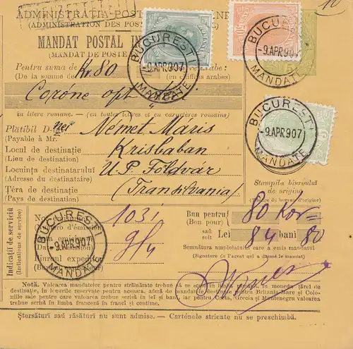 Roumanie: 1907: Mandat Postal International: Bucuresti d'après Krisbaban