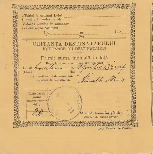 Rumänien: 1907: Mandat Postal International: Bucuresti nach Krisbaban
