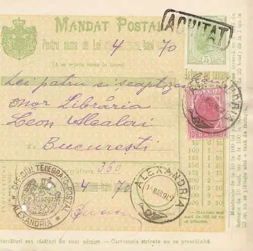 Roumanie: 14.03.1907: Mandat du Postal Alexandria à Bucarest