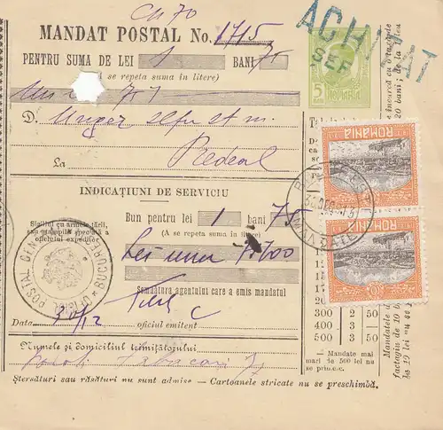 Rumänien: 1913: Mandat Postal Bucuresti nach Bedeal