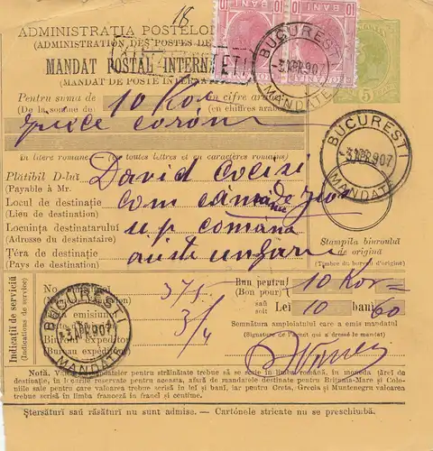 Roumanie: 1907: Mandat Postal International: Bucuresti en Hongrie