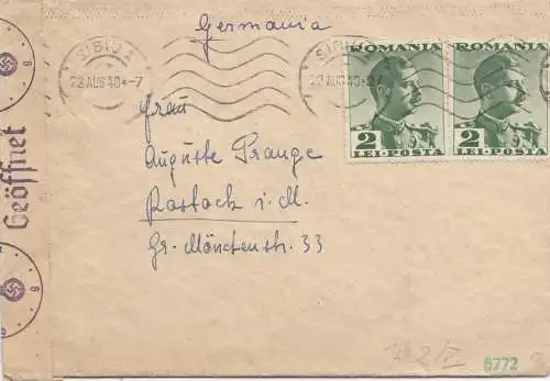 Roumanie: 1940: Lettre de Sibiu à Rostock