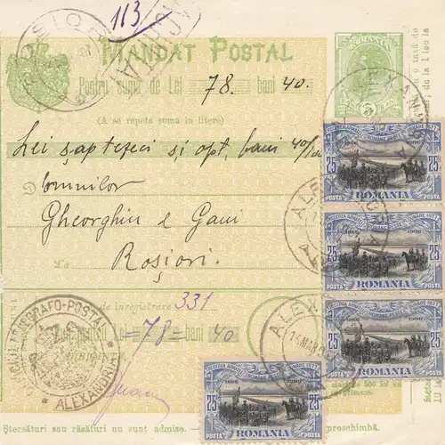 Rumänien: 1907: Mandat Postal Alexandria nach Rosioni