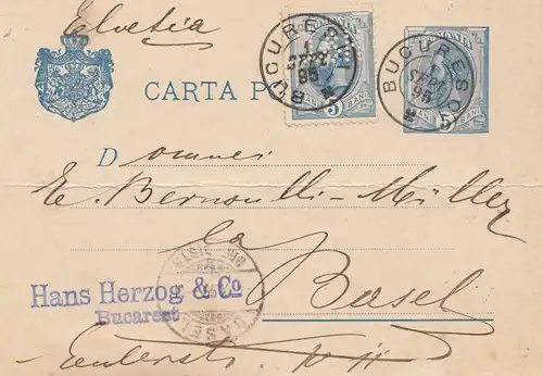 Rumänien: 1895: Postkarte Buouresci nach Basel, Perfin