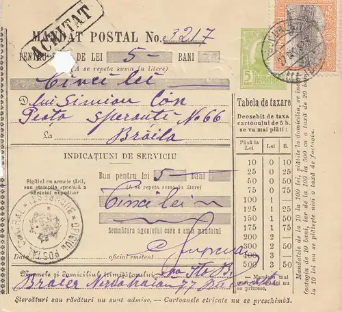 Rumänien: 1913: Mandat Postal Bucuresti nach Braila