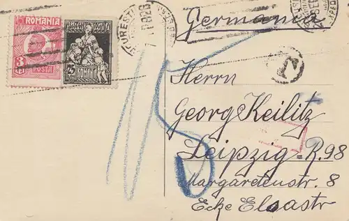 Roumanie: 1928: Carte postale pour Leipzig avec après-porto