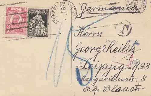 Rumänien: 1928: Postkarte nach Leipzig mit Nachporto