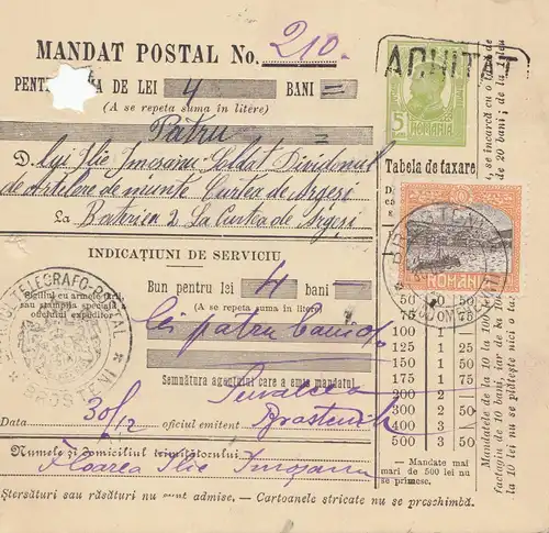Rumänien: 1913: Mandat Postal Brostenitz nach Curtea de Arges