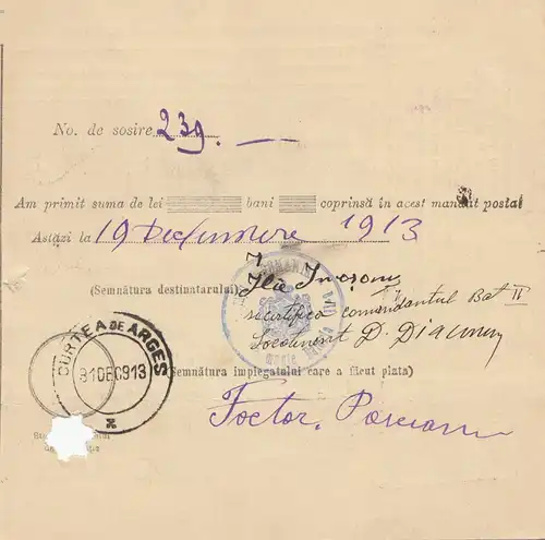 Roumanie: 1913: Mandat du Postal Brostenitz après Curtea de Arges