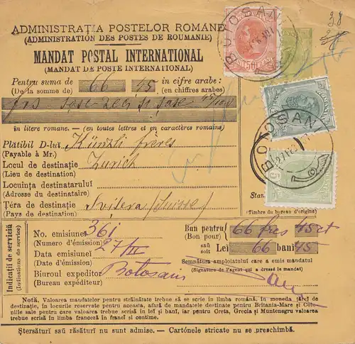 Roumanie: 1907: Mandat Postal International: Butosani vers Zurich