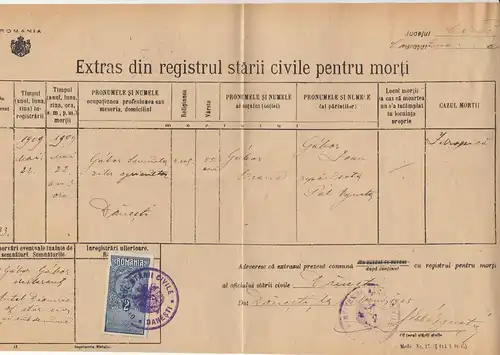 Roumanie: 1909: Danesti: registrul starii civile pentru morti