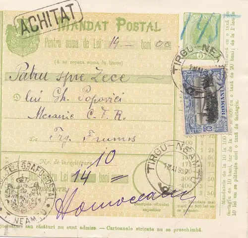 Roumanie: 1907: Mandat du Postal Tirgu Neamtu