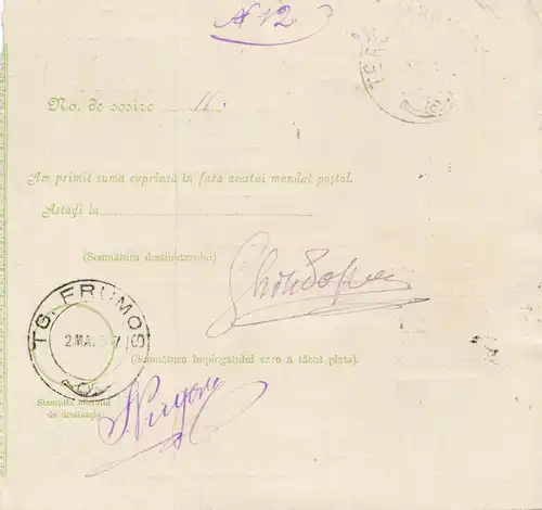 Roumanie: 1907: Mandat du Postal Tirgu Neamtu