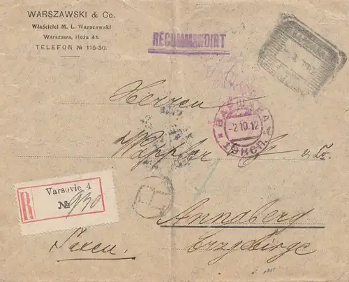 Russie: 1912: Lettre recommandé Varsovie à Annaberg