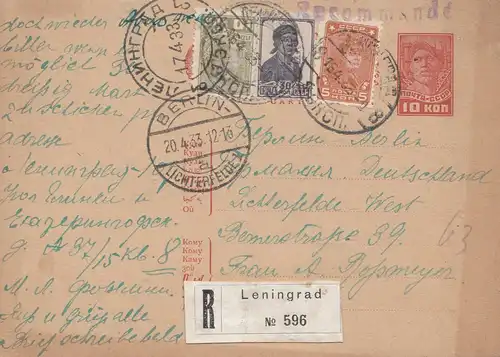 Russie: 1933: Lettre recommandé comme une affaire complète Leningrad à Berlin