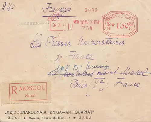 Russie: 1937: Lettre recommandé Moscou à Paris