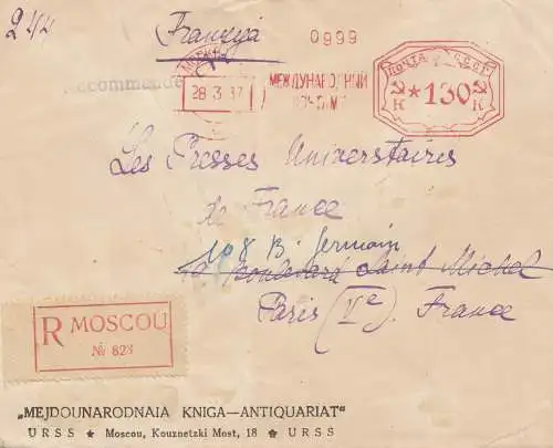 Russie: 1937: Lettre recommandé Moscou à Paris