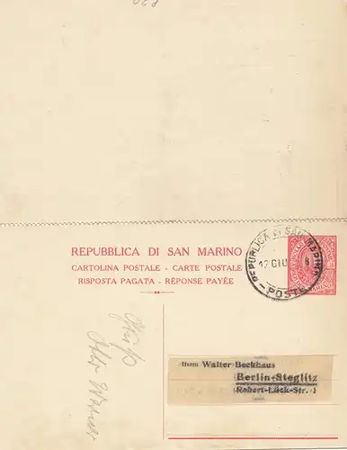 San Marino: 1928 Ganzsache P20  nach Berlin, mit Antwortkarte