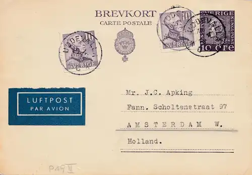 Schweden: 1946 Ganzsache als Luftpost nach Amsterdam