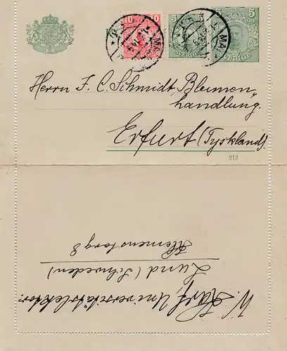 Schweden: 1914: Ganzsache Kartenbrief nach Erfurt