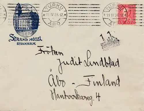 Schweden: 1934: Brief von Stockholm nach Finnland