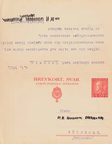 Schweden: 1922: Ganzsache P45 Göteborg nach Leipzig-Gebr. Senf mit Antwortkarte