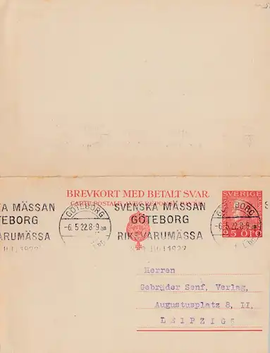 Schweden: 1922: Ganzsache P45 Göteborg nach Leipzig-Gebr. Senf mit Antwortkarte