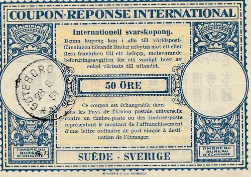 Suède: 1951: Göteborg Bulletin de réponse