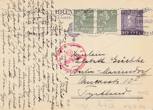 Suède: 1940 Affaire P49II, de Stockholm à Berlin, censure