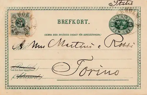 Suède: 1891: entier de l'affaire vers Torino/Italie