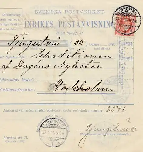 Schweden: Paketkarte 1904 Linköping nach Stockholm